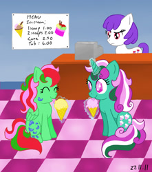 Size: 1117x1261 | Tagged: safe, artist:puddingvalkyrie, fizzy, scoops, oc, oc:pepper, earth pony, pegasus, pony, twinkle eyed pony, g1, food, g1 to g4, generation leap, ice cream, satin slipper sweet shoppe, shopkeeper