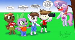 Size: 1280x693 | Tagged: safe, artist:avionscreator, artist:warpwarp1929, button mash, featherweight, pipsqueak, spike, sweetie belle, dragon, earth pony, pegasus, pony, semi-anthro, unicorn, bipedal, blushing, butt, camera, clothed male nude female, clothes, colt, degradation, embarrassed, embarrassed underwear exposure, exposed, female, filly, frilly underwear, hanging wedgie, humiliation, male, overalls, panties, partial nudity, pink underwear, plot, public humiliation, strawberry underwear, topless, underwear, wardrobe malfunction, wedgie