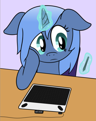 Size: 1191x1500 | Tagged: safe, artist:djdavid98, oc, oc only, oc:paamayim nekudotayim, pony, atg 2017, chair, drawing tablet, floppy ears, holding head, magic, newbie artist training grounds, simple background, solo, stylus, telekinesis, wacom, wacom stylus, wacom tablet