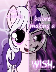 Size: 2000x2577 | Tagged: safe, artist:starbat, twilight, pony, g1, g4, evil grin, eyeshadow, female, generation leap, grin, insanity, lidded eyes, looking at you, makeup, mare, open mouth, smiling, solo, text, two sided posters, two sides