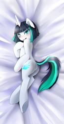 Size: 730x1400 | Tagged: safe, artist:skyeypony, oc, oc only, oc:dragonfire, pony, unicorn, fallout equestria: child of the stars, blushing, body pillow, body pillow design, commission, fallout, featureless crotch, female, looking at you, mare, plot, smiling, solo, ych result