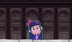 Size: 1280x738 | Tagged: safe, edit, edited screencap, screencap, twilight sparkle, human, crossover, cute, humanized, legend quest, library, teodora, twidora