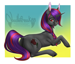 Size: 3300x2814 | Tagged: safe, artist:noodlefreak88, oc, oc only, oc:silk rose, pony, unicorn, braid, dock, female, looking at you, mare, patreon reward, plot, prone, solo