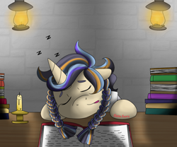 Size: 864x720 | Tagged: safe, artist:deltafairy, oc, oc only, oc:unknown, pony, unicorn, book, candlelight, female, hooves on the table, mare, pigtails, sleeping, sleepy, solo, z, zzz