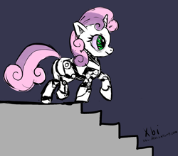 Size: 1349x1188 | Tagged: safe, artist:xbi, sweetie belle, sweetie bot, pony, robot, robot pony, unicorn, friendship is witchcraft, falling, female, filly, foal, hooves, horn, impending slinky noises, neigh soul sister, solo, this will end in pain, this will not end well