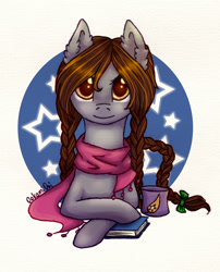 Size: 1880x2332 | Tagged: safe, artist:0okami-0ni, oc, oc only, oc:fenya, book, bow, clothes, mug, scarf, solo, stars