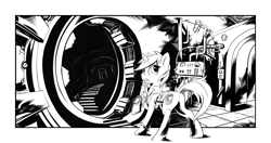 Size: 2550x1350 | Tagged: safe, artist:hobbes-maxwell, oc, oc only, oc:littlepip, pony, unicorn, fallout equestria, black and white, clothes, fanfic, fanfic art, female, grayscale, horn, looking back, mare, monochrome, pipbuck, raised hoof, solo, stable, stable 2, stable door, vault suit
