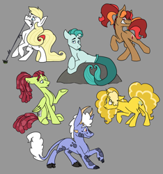 Size: 1600x1712 | Tagged: safe, artist:torusthescribe, oc, oc only, oc:apple spice, oc:beauregard, oc:candlewick, oc:golden fantasy, oc:mozart, oc:rainbow dust, earth pony, hybrid, merpony, pegasus, pony, unicorn, female, interspecies offspring, magical lesbian spawn, male, mare, offspring, parent:applejack, parent:discord, parent:fluttershy, parent:lightning dust, parent:oc:fallen star, parent:pinkie pie, parent:pokey pierce, parent:prince blueblood, parent:rainbow dash, parent:rarity, parent:tree hugger, parent:twilight sparkle, parents:bluejack, parents:discolight, parents:flutterhugger, parents:pokeypie, parents:rainbowdust, simple background, stallion