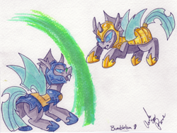 Size: 3000x2247 | Tagged: safe, artist:bumblebun, oc, oc only, oc:evening breeze, oc:rising sun, changeling, armor, changeling oc, force field, night guard, royal guard, royal guard armor, sparring, traditional art