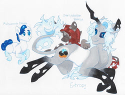 Size: 780x594 | Tagged: safe, artist:frozensoulpony, oc, oc only, oc:cherryblossom breeze, oc:entropy, oc:midsummer dream, changeling, hybrid, interspecies offspring, magical gay spawn, offspring, offspring's offspring, parent:oc:entropy, parent:oc:sage leaf, parent:queen chrysalis, parent:shining armor, parents:oc x oc, parents:shining chrysalis, prone, traditional art