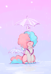 Size: 683x1000 | Tagged: safe, artist:stardrawsponies, oc, oc only, oc:sugarush, food pony, original species, pony, unicorn, afro, ambiguous gender, backpack, clothes, food, horn, rain, simple background, smiling, solo, sweater, umbrella