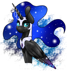 Size: 1024x1076 | Tagged: safe, artist:marsh-mal-oh, nightmare moon, alicorn, pony, horn jewelry, jewelry, nicemare moon, sitting, smiling, solo