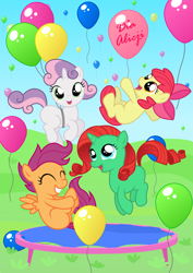 Size: 3917x5539 | Tagged: safe, artist:chimajra, apple bloom, scootaloo, sweetie belle, oc, pony, unicorn, balloon, birthday, cutie mark crusaders, female, filly, trampoline