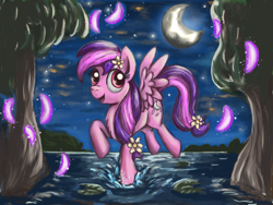 Size: 4000x3000 | Tagged: safe, artist:thebowtieone, oc, oc only, oc:moonlight blossom, pegasus, pony, female, flying, mare, moon, raised hoof, solo, tree, water
