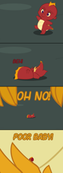 Size: 600x1637 | Tagged: safe, artist:queencold, garble, oc, oc:caldera, dragon, comic:mommy issues, baby dragon, baby garble, comic, dialogue, dragon oc, dragoness, duo, faceplant, falling, gardorable, younger