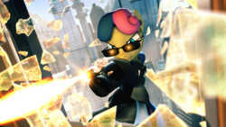 Size: 1920x1080 | Tagged: safe, artist:powdan, bon bon, sweetie drops, earth pony, pony, 3d, blaster, building, city, clothes, glasses, gmod, hologram, laser, outfit, rappelling, secret agent sweetie drops, shooting, uniform