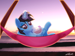 Size: 1400x1050 | Tagged: safe, artist:iheartjapan789, oc, oc only, oc:andrea, pony, unicorn, beach, female, hammock, mare, solo