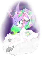 Size: 2480x3507 | Tagged: safe, artist:red_moonwolf, oc, oc only, oc:winter aurora, deer, deer pony, original species, colored pupils, ethereal mane, horns, plot, prone, resting, simple background, transparent background, underhoof