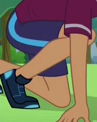 Size: 364x456 | Tagged: safe, screencap, carlos thunderbolt, equestria girls, pinkie spy (short), background human, clothes, legs, pictures of legs, shoes, shorts, sneakers