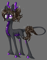 Size: 1268x1589 | Tagged: safe, artist:australian-senior, oc, oc only, oc:juliet invictus, alicorn, kirin, pony, alternate universe, antlers, colored hooves, colored sclera, crossover, gray background, kirindos, leonine tail, portal, portal (valve), portal 2, purple eyes, scales, simple background, solo, unshorn fetlocks