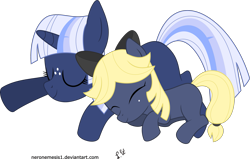 Size: 2225x1419 | Tagged: safe, artist:neronemesis1, oc, oc only, oc:ellison, oc:silverlay, bow, hair bow, magical lesbian spawn, offspring, parent:applejack, parent:oc:silverlay, parents:canon x oc, parents:silverjack, simple background, sleeping, transparent background