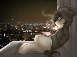 Size: 2700x2000 | Tagged: safe, artist:tokyone-chan, oc, oc only, black eye, city, cityscape, clothes, floppy ears, hoodie, smoking, solo, thinking