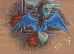 Size: 1024x751 | Tagged: safe, artist:scootiegp, oc, oc only, city, sitting, solo, traditional art