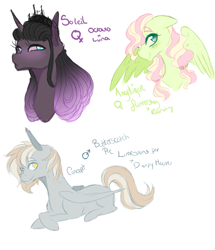 Size: 3000x3484 | Tagged: safe, artist:kittii-kat, oc, oc only, oc:angelique, oc:butterscotch pie, oc:soleil, earth pony, pegasus, pony, unicorn, female, high res, lesbian, magical lesbian spawn, male, mare, offspring, parent:fluttershy, parent:rarity, parents:derpystone, parents:flarity, parents:lunatavia, prone, shipping, simple background, stallion, white background