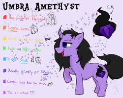 Size: 1280x1024 | Tagged: safe, artist:umbraamethyst, oc, oc only, oc:umbra amethyst, pony, unicorn, curved horn, female, ponysona, reference sheet, solo