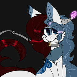 Size: 2560x2560 | Tagged: safe, artist:brokensilence, oc, oc only, oc:mira songheart, draconequus, >:p, chest fluff, cute, draconequified, fluffy mane, horns, leash, magic, solo, species swap