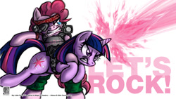 Size: 959x539 | Tagged: safe, artist:kman-studio, derpibooru import, pinkie pie, twilight sparkle, alien, earth pony, pony, unicorn, alien (franchise), behaving like a weapon, metal, twigun