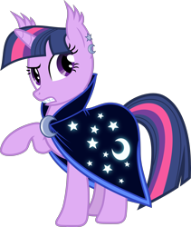 Size: 5074x6000 | Tagged: safe, artist:magister39, twilight sparkle, bat pony, pony, absurd resolution, alternate universe, apprentice, cape, clothes, fangs, nightmareverse, race swap, raised hoof, simple background, solo, transparent background, twibat, vector