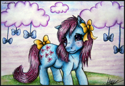 Size: 1068x741 | Tagged: safe, artist:lolliangel123, bow tie (g1), pony, g1, bow, hair bow, how, solo, traditional art