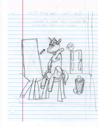 Size: 1280x1659 | Tagged: safe, artist:loadingscreendxdirectorscut, oc, oc only, oc:splendid sketch, pony, unicorn, art block, drawing, easel, grayscale, lined paper, monochrome, solo, traditional art, trash can