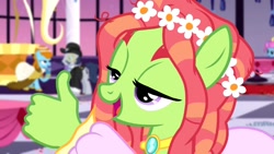 Size: 854x480 | Tagged: safe, artist:dwk, edit, edited screencap, screencap, tree hugger, earth pony, pony, make new friends but keep discord, flower, jewelry, lidded eyes, necklace, open mouth, reaction image, smiling, suddenly hands, thumbs up, totally legit recap