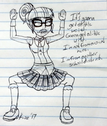 Size: 1710x2006 | Tagged: safe, artist:fuzzyfurvert, sci-twi, twilight sparkle, equestria girls, friendship games, clothes, crossover, crystal prep academy uniform, dancing, glasses, lined paper, monochrome, school uniform, sketch, solo, star vs the forces of evil, text, traditional art