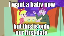 Size: 1280x720 | Tagged: safe, edit, edited screencap, screencap, concord gumdrop, paula grindhouse, equestria girls, rainbow rocks, background human, date, female, image macro, male, meme, restaurant