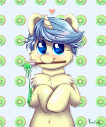 Size: 785x937 | Tagged: safe, artist:confetticakez, oc, oc only, pony, unicorn, belly button, chest fluff, kiwi fruit, male, mouth hold, paint, paintbrush, solo, stallion