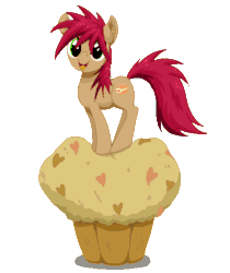Size: 420x500 | Tagged: safe, artist:lilapudelpony, oc, oc only, oc:princess pancake, earth pony, pony, animated, blinking, bouncing, cute, food, gif, green eyes, heart, l.o.v.e.m.u.f.f.i.n., looking at you, muffin, open mouth, pixel art, red mane, simple background, smiling, solo, transparent background