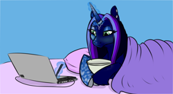 Size: 900x490 | Tagged: safe, artist:mythpony, oc, oc only, oc:myth, pony, unicorn, computer, female, laptop computer, magic, mare, sick, solo