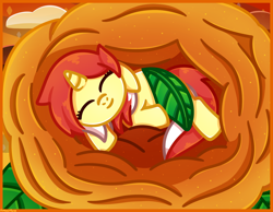 Size: 1682x1303 | Tagged: safe, artist:amberpone, pony, unicorn, art trade, commission, dawn, digital art, drawing, eyes closed, fanart, female, flower, food, horn, leaf, mare, orange, original art, pegasister, plant, rose, shading, sleeping, sleepy, smiling, solo, tiny ponies