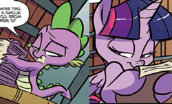 Size: 845x515 | Tagged: safe, artist:jay fosgitt, idw, spike, twilight sparkle, twilight sparkle (alicorn), alicorn, dragon, pony, spoiler:comic, spoiler:comicff35, comic, cropped, faic, female, lidded eyes, mare, official comic, out of context