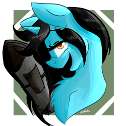 Size: 2500x2500 | Tagged: safe, artist:oliverthepanda, oc, oc only, oc:sharpshot, pony, unicorn, fallout equestria, amber eyes, black mane, blue fur, chest fluff, fallout, female, horn, mane, prosthetic limb, prosthetics