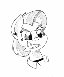 Size: 1104x1319 | Tagged: safe, artist:trickydick, babs seed, earth pony, pony, ear piercing, earring, grin, jewelry, piercing, sharp teeth, smiling, solo, teeth