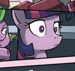 Size: 278x264 | Tagged: safe, artist:tonyfleecs, idw, spike, twilight sparkle, twilight sparkle (alicorn), alicorn, dragon, pony, from the shadows, spoiler:comic, spoiler:comic51, :i, cropped, faic, female, mare, official comic