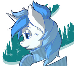 Size: 1377x1241 | Tagged: safe, artist:neren, oc, oc only, pony, unicorn, blue mane, blue scarf, clothes, digital art, female, horn, mane, scarf, shading, short hair, short mane, side shot, smiling, solo, spiky mane