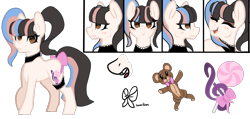 Size: 1247x593 | Tagged: safe, artist:xxmissteaxx, oc, oc only, oc:melanie martinez, earth pony, pony, bow, choker, female, garter, mare, reference sheet, solo, tail bow