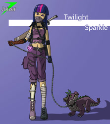 Size: 2216x2500 | Tagged: safe, artist:joizer, spike, twilight sparkle, dog, dragon, human, belly button, chains, collar, female, humanized, midriff, post-apocalyptic, solo, spiked collar, weapon