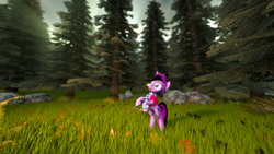 Size: 3840x2160 | Tagged: safe, artist:blumarshmallow, oc, oc only, oc:midnight coda, earth pony, pony, 3d, balancing, bipedal, clothes, cookie, cute, food, forest, glasses, grass, male, nature, open mouth, rearing, request, requested art, scarf, smiling, solo, source filmmaker, stallion, tree, vest, watch