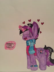 Size: 2448x3264 | Tagged: safe, artist:lifysdoodles, oc, oc only, oc:midnight coda, clothes, cute, food, heart, magic, request, requested art, scarf, solo, traditional art, vest, watch